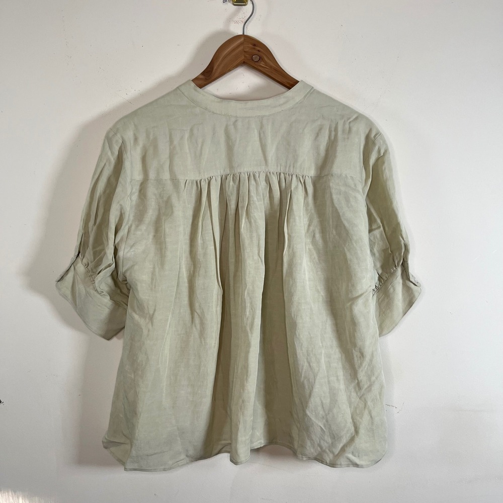 7 For All Mankind Linen Blend Sage Green Blouse Puff Sleeves Prairie Size Large - Picture 6 of 8